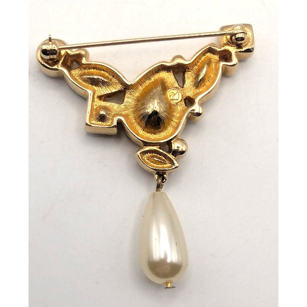 SWAROVSKI Vintage Gold Tone Pastel Crystal Faux Pearl Dangle Brooch Pin 2in - Picture 5 of 9